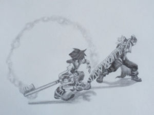 Sora vs. Cloud 9" x 12" 2016. Charcoal on Paper
