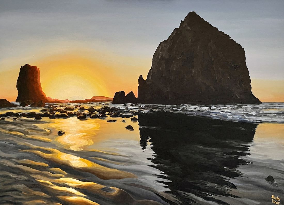 painting of a beach at sunset with sea stacks off shore